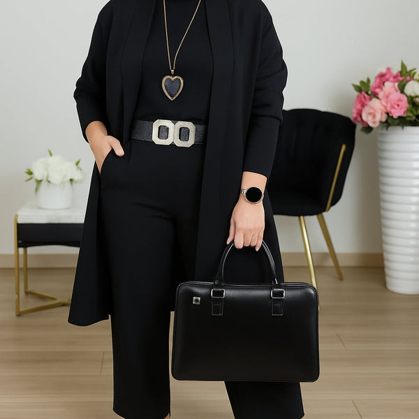 Set elegant din 3 piese format dintr-un cardigan lung, un top și o pereche de pantaloni