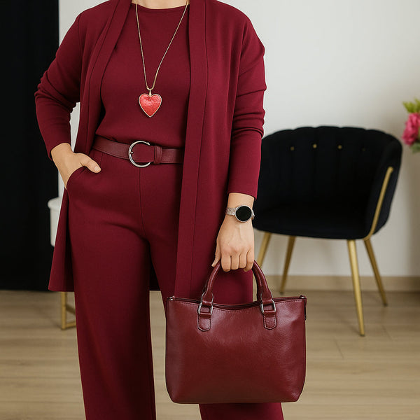 Set elegant din 3 piese format dintr-un cardigan lung, un top și o pereche de pantaloni