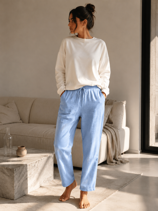 Pantaloni pentru femei din bumbac și in, cu talie elastică